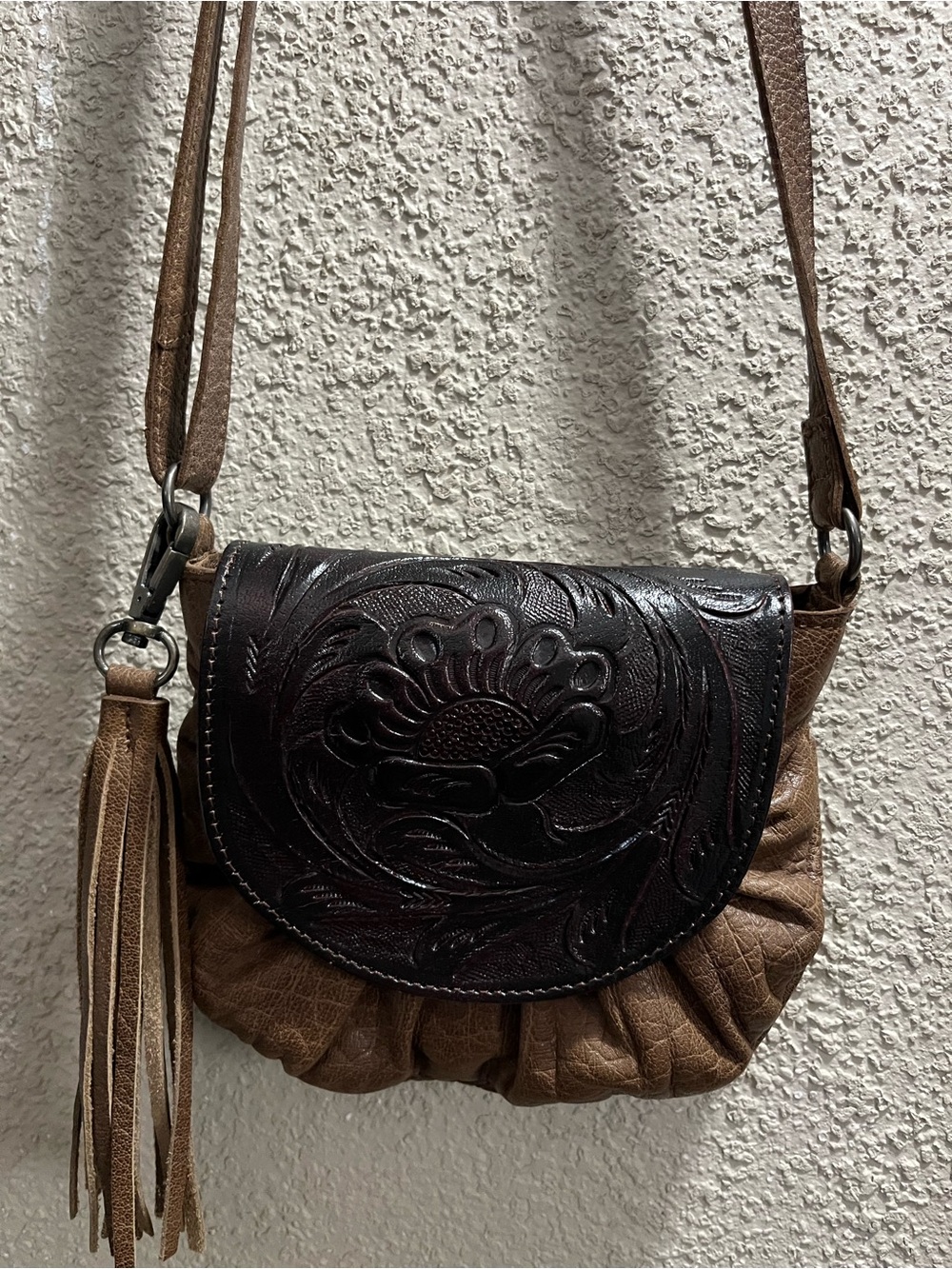 STS Ranchwear Two-Tone Brown Leather Crossbody with Embossed Flap